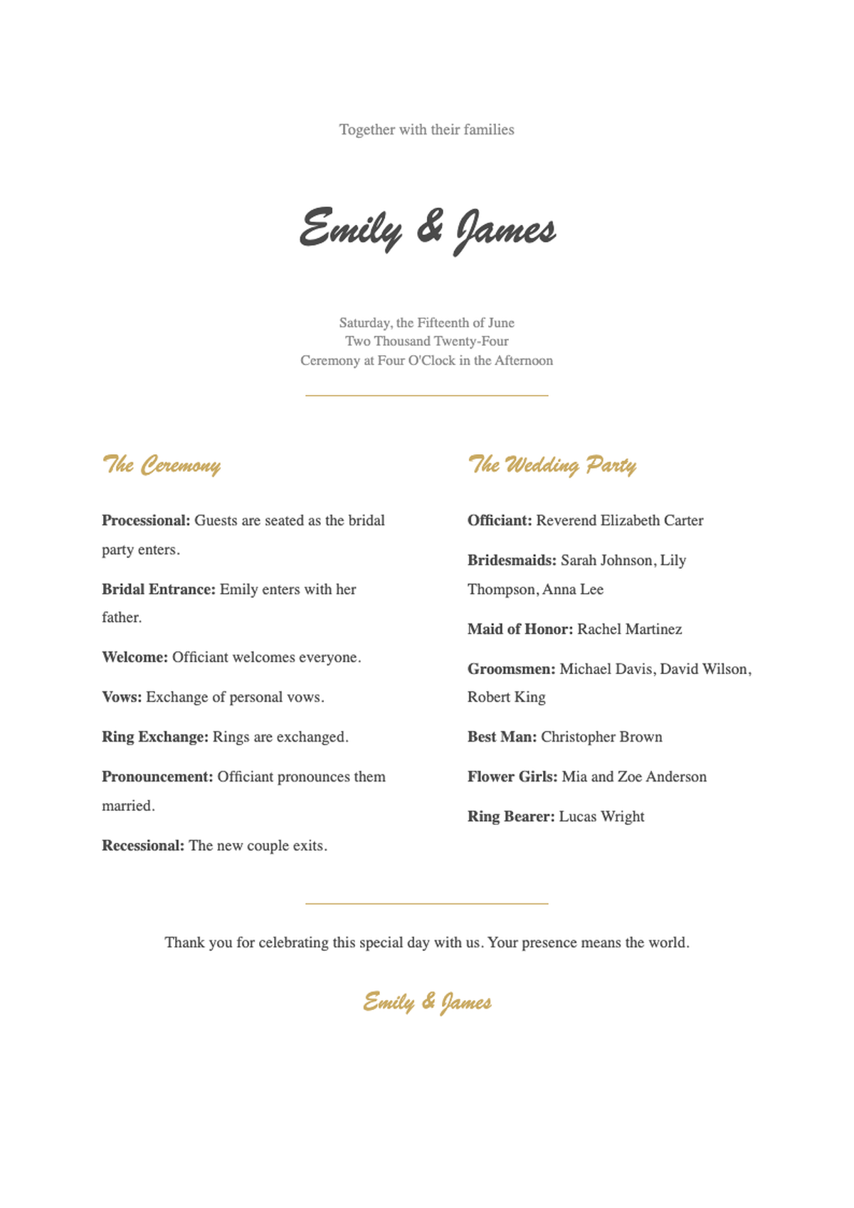 Elegant gold leaf wedding program with ceremony order and wedding party details_variant_3